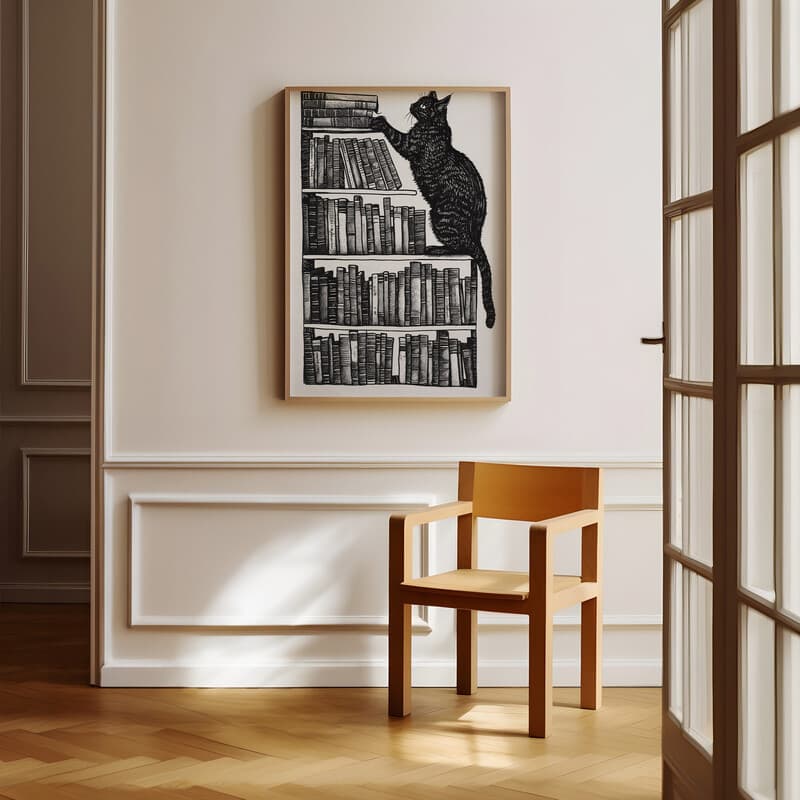 Room view with a full frame of A vintage graphite sketch, a cat on a bookshelf