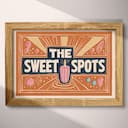 Full frame view of A maximalist linocut print, the words "THE SWEET SPOTS" with a popsicle