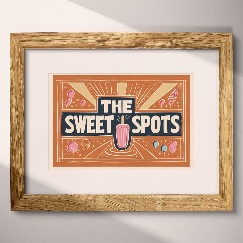 Matted frame view of A maximalist linocut print, the words "THE SWEET SPOTS" with a popsicle