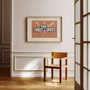 Room view with a matted frame of A maximalist linocut print, the words "THE SWEET SPOTS" with a popsicle