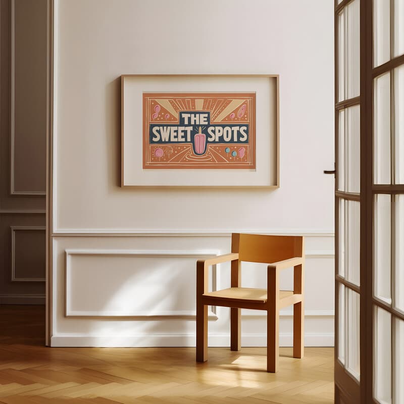 Room view with a matted frame of A maximalist linocut print, the words "THE SWEET SPOTS" with a popsicle