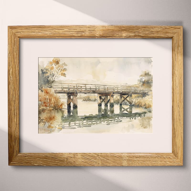 Matted frame view of An impressionist watercolor painting, a rural bridge