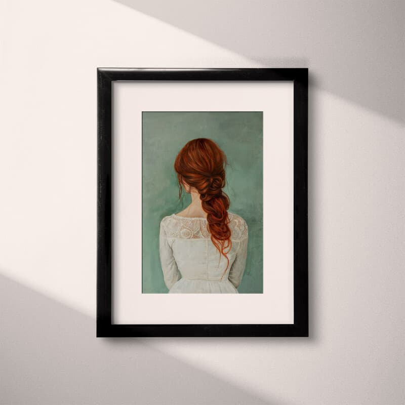 Matted frame view of A vintage oil painting, a woman with flowing red hair, back view