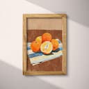 Full frame view of A vintage pastel pencil illustration, oranges on a striped napkin