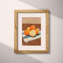 Matted frame view of A vintage pastel pencil illustration, oranges on a striped napkin