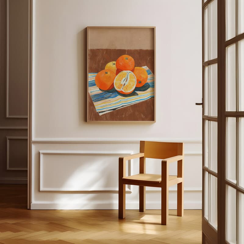 Room view with a full frame of A vintage pastel pencil illustration, oranges on a striped napkin