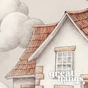 Closeup view of A cute chibi anime pastel pencil illustration, a cottage surrounded by clouds