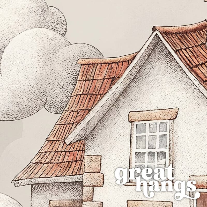 Closeup view of A cute chibi anime pastel pencil illustration, a cottage surrounded by clouds