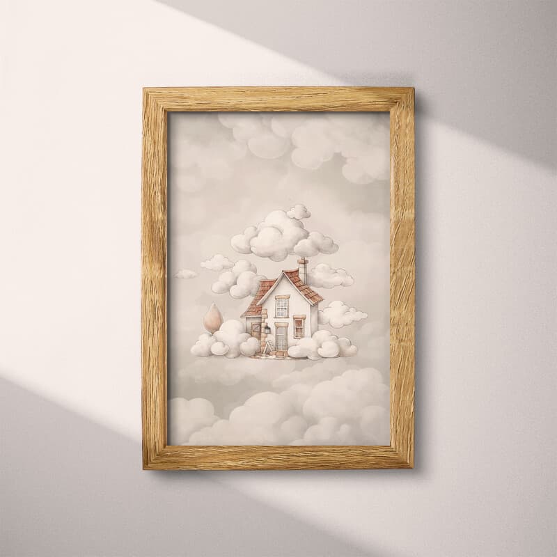 Full frame view of A cute chibi anime pastel pencil illustration, a cottage surrounded by clouds