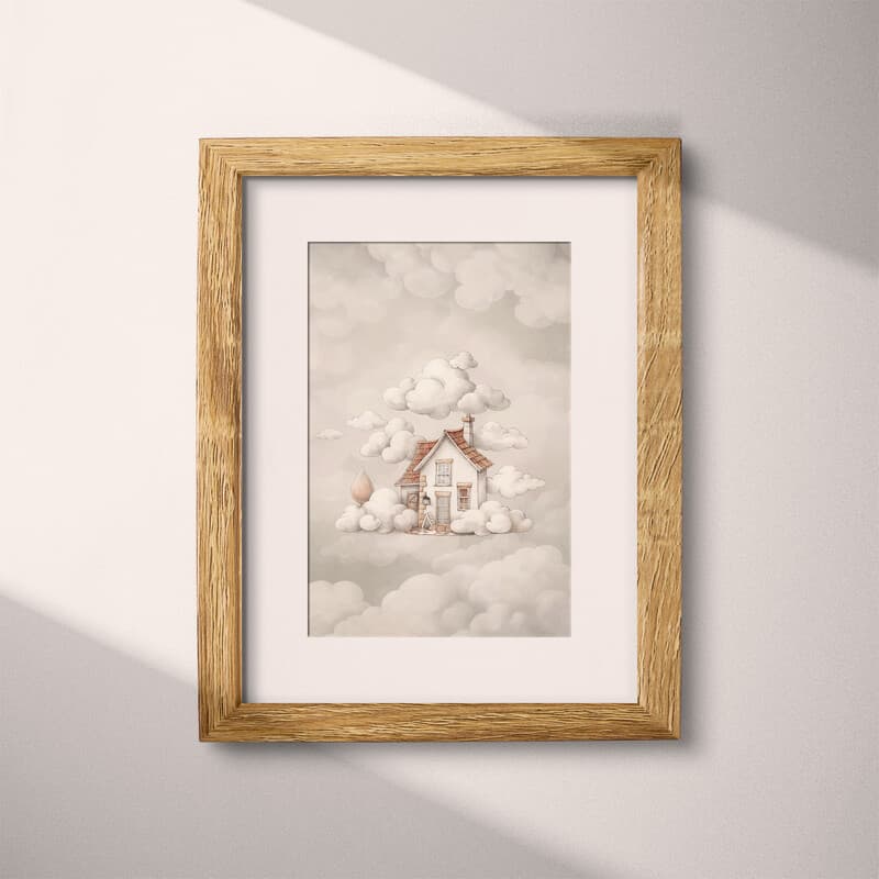 Matted frame view of A cute chibi anime pastel pencil illustration, a cottage surrounded by clouds