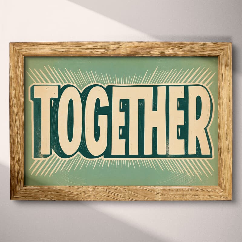 Full frame view of A vintage linocut print, the word "TOGETHER" with a striped pattern