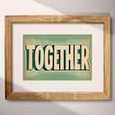 Matted frame view of A vintage linocut print, the word "TOGETHER" with a striped pattern