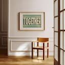 Room view with a matted frame of A vintage linocut print, the word "TOGETHER" with a striped pattern