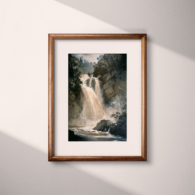 Matted frame view of A vintage oil painting, a waterfall