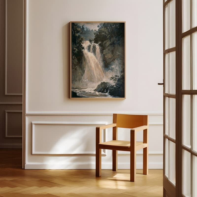 Room view with a full frame of A vintage oil painting, a waterfall