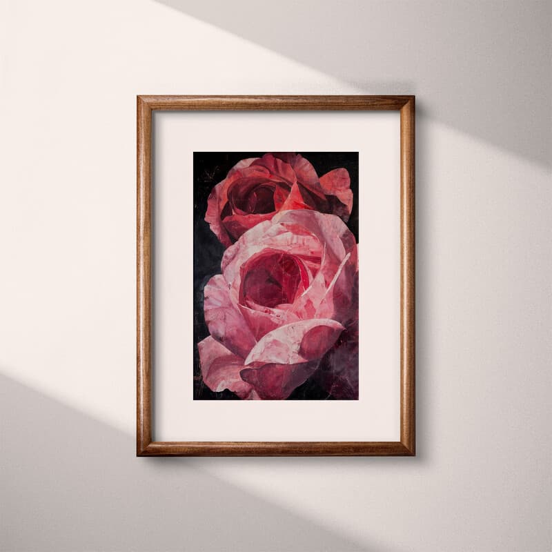 Matted frame view of An abstract impressionist oil painting, two giant pink roses, closeup view