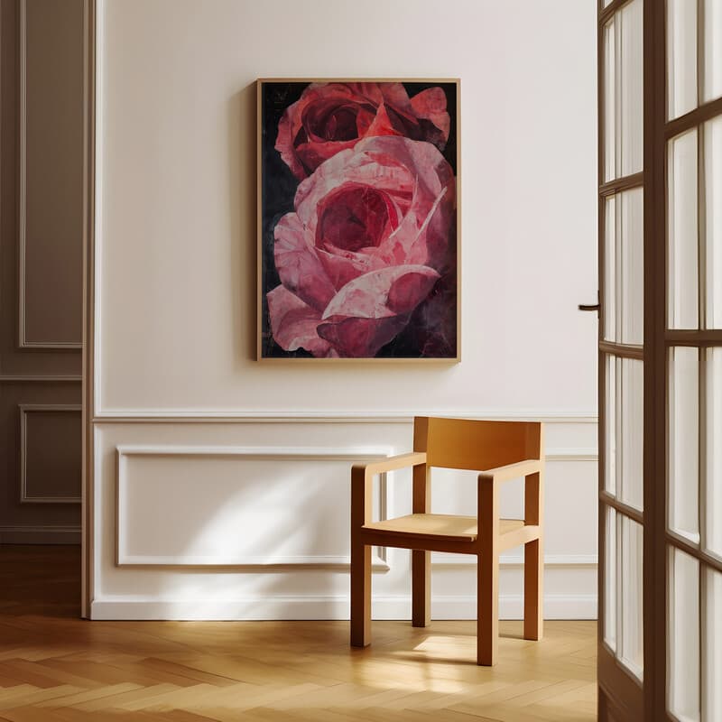 Room view with a full frame of An abstract impressionist oil painting, two giant pink roses, closeup view