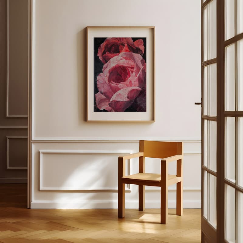 Room view with a matted frame of An abstract impressionist oil painting, two giant pink roses, closeup view