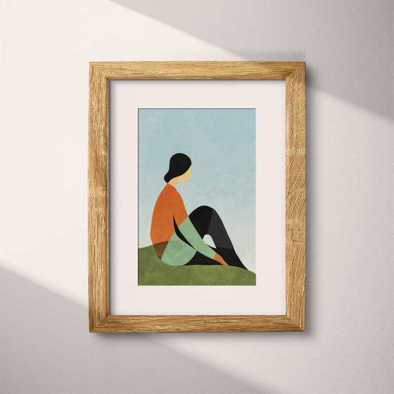 Matted frame view of An abstract vintage cartoon drawing, a woman sitting on the grass