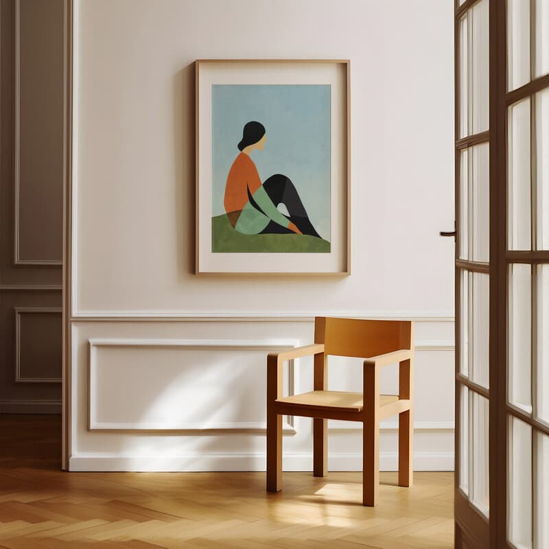 Room view with a matted frame of An abstract vintage cartoon drawing, a woman sitting on the grass