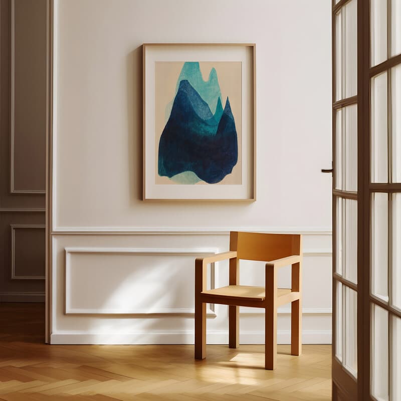 Room view with a matted frame of An abstract vintage pastel pencil illustration, a mountain range