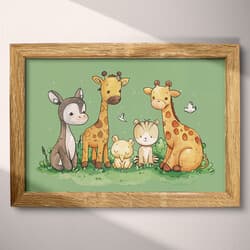 Safari Animals Art | Wildlife Wall Art | Animals Print | Green, Black, White, Orange and Brown Decor | Cute Simple Wall Decor | Nursery Digital Download | Baby Shower Art | Summer Wall Art | Cartoon Drawing