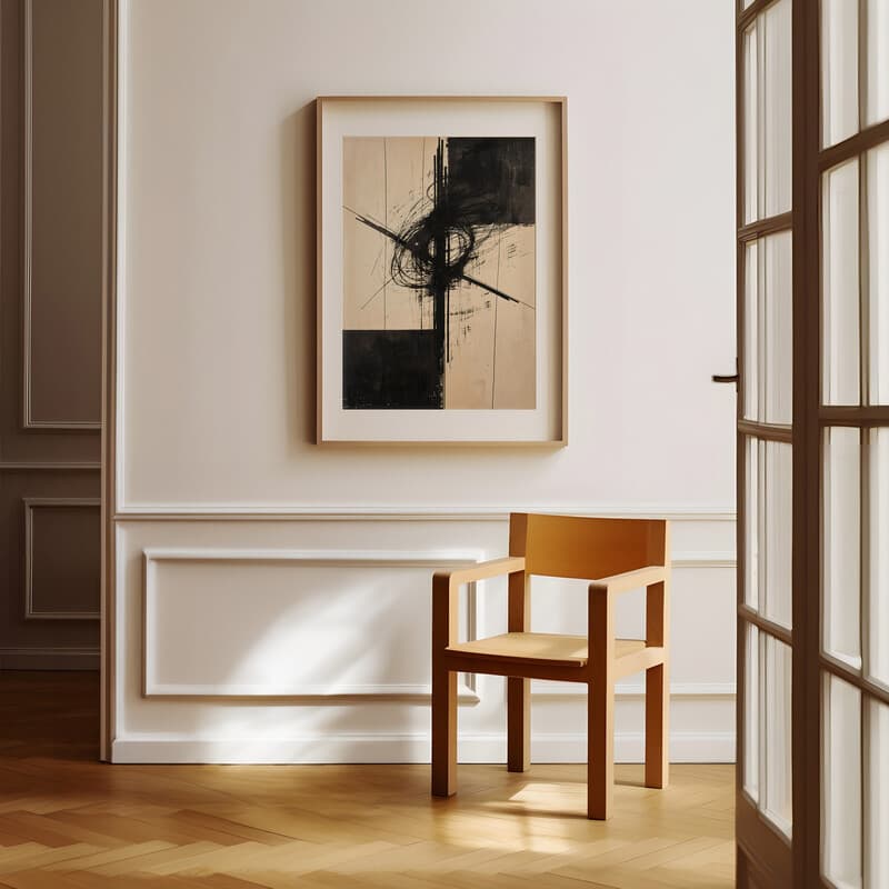 Room view with a matted frame of A vintage graphite sketch, abstract symbol