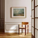 Room view with a matted frame of An impressionist oil painting, a rainbow above a beach