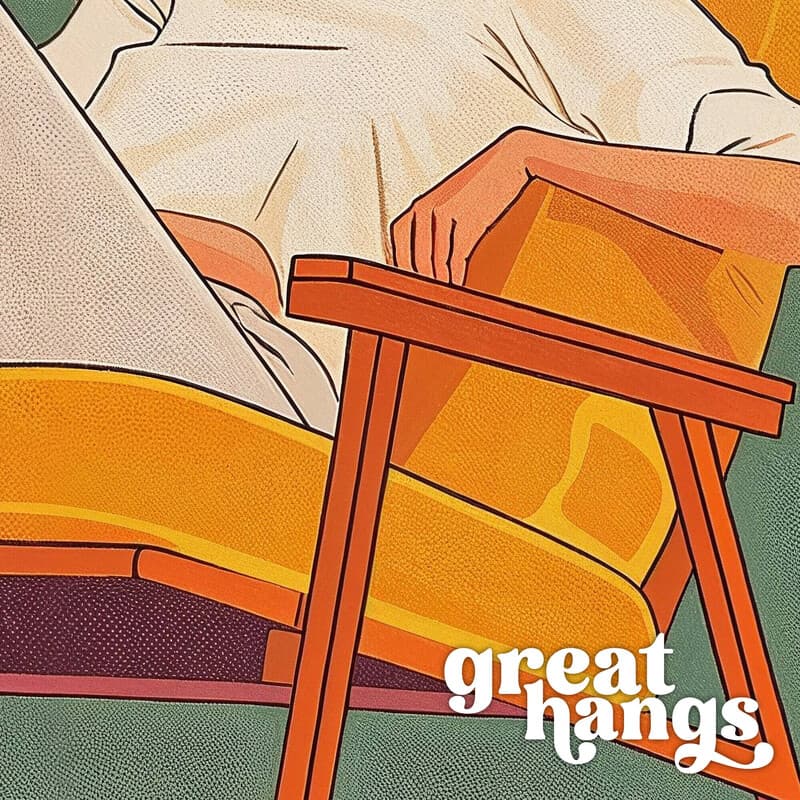 Closeup view of A contemporary illustration with simple shapes, a woman sitting on a lounge chair with clouds above her