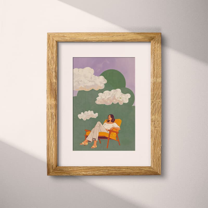 Matted frame view of A contemporary illustration with simple shapes, a woman sitting on a lounge chair with clouds above her