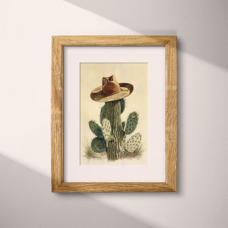 Matted frame view of A southwestern pastel pencil illustration, a cowboy hat on a cactus