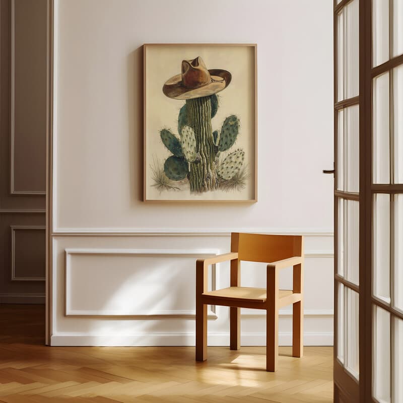 Room view with a full frame of A southwestern pastel pencil illustration, a cowboy hat on a cactus