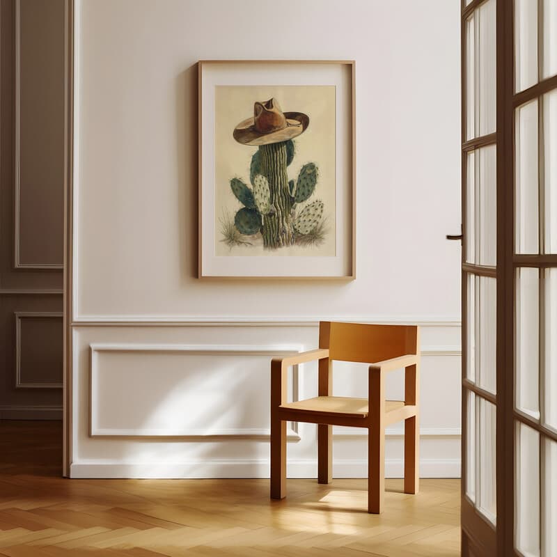 Room view with a matted frame of A southwestern pastel pencil illustration, a cowboy hat on a cactus