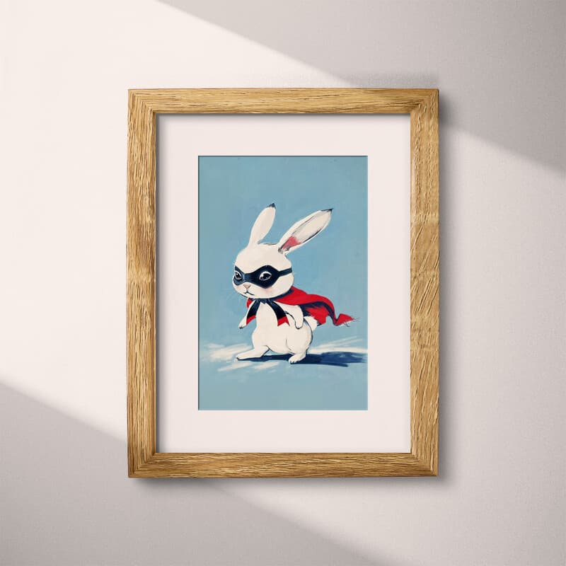 Matted frame view of A cute simple cartoon drawing, a rabbit with a mask and cape