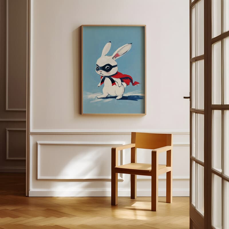 Room view with a full frame of A cute simple cartoon drawing, a rabbit with a mask and cape