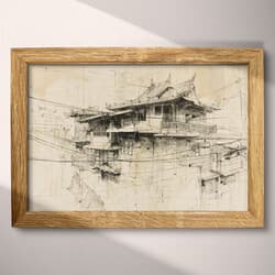 Japanese City Art | Cityscapes Wall Art | Architecture Print | Beige, Black and Gray Decor | Vintage Wall Decor | Living Room Digital Download | Housewarming Art | Autumn Wall Art | Graphite Sketch