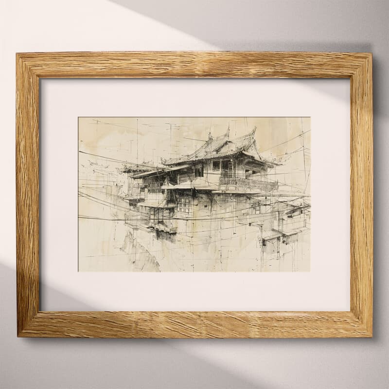 Matted frame view of A vintage graphite sketch, japanese city architecture