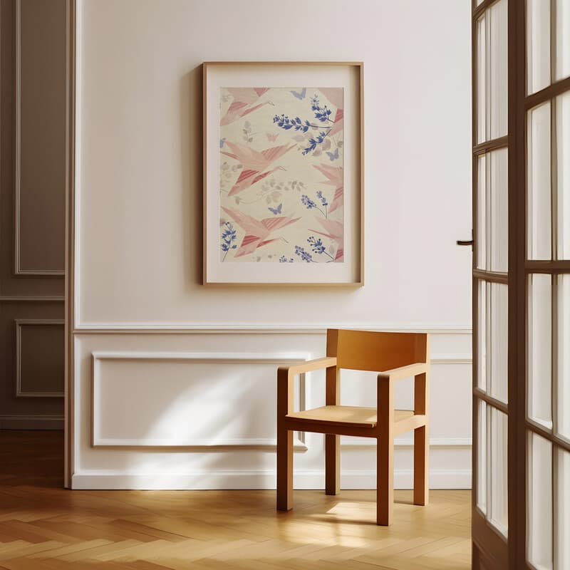 Room view with a matted frame of A japandi textile print, symmetric origami pattern