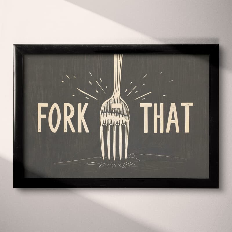 Full frame view of A vintage linocut print, the words "FORK THAT" with a fork