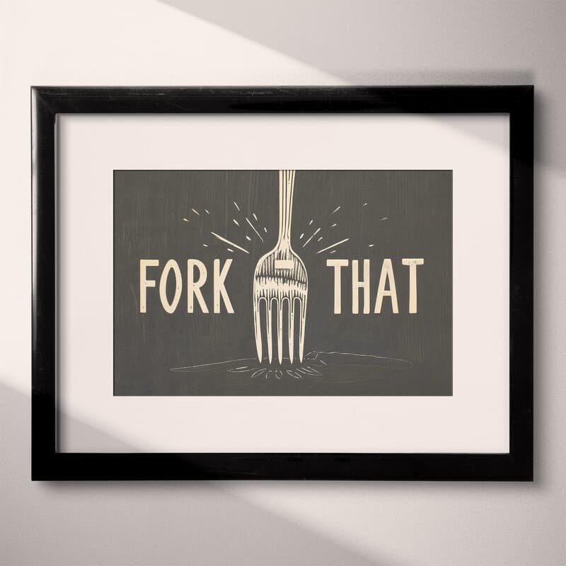 Matted frame view of A vintage linocut print, the words "FORK THAT" with a fork