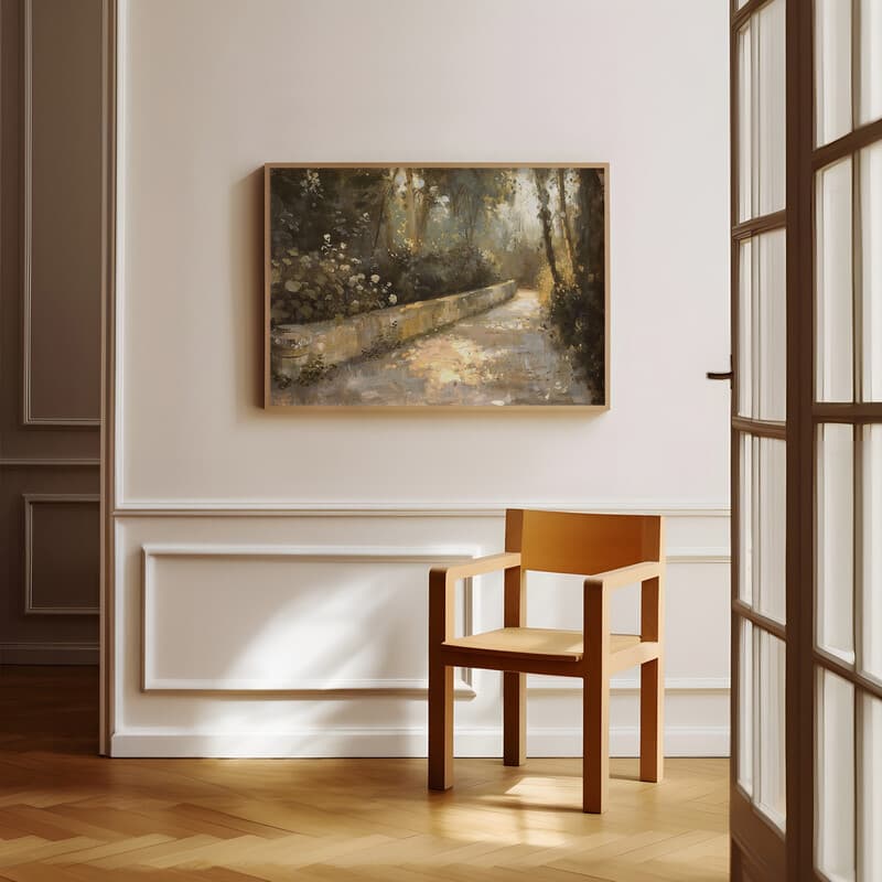 Room view with a full frame of An impressionist oil painting, a garden walkway