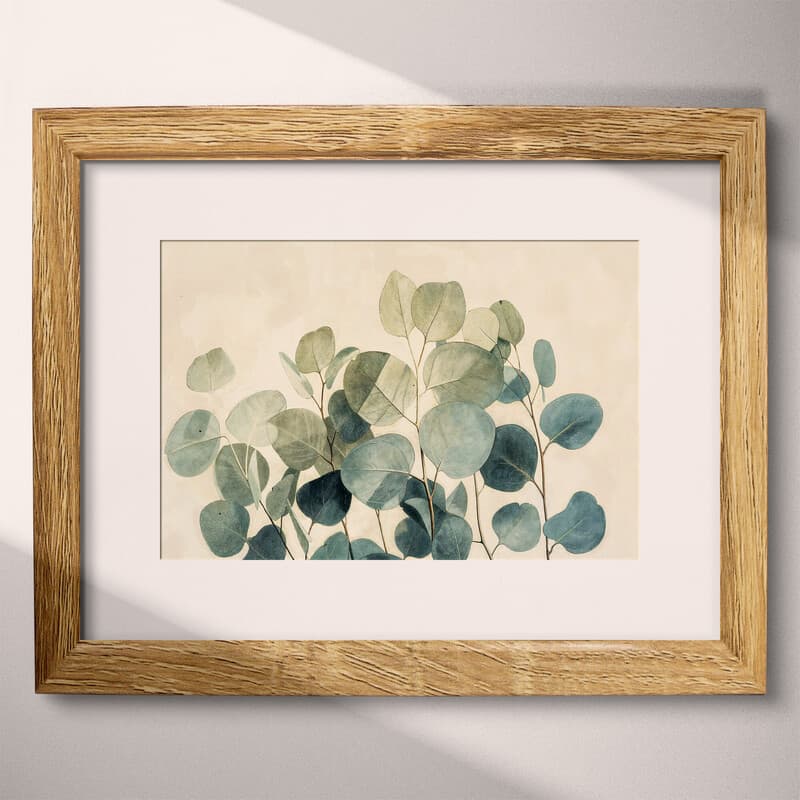 Matted frame view of An abstract contemporary pastel pencil illustration, eucalyptus leaves