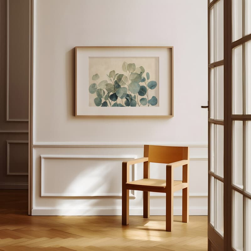 Room view with a matted frame of An abstract contemporary pastel pencil illustration, eucalyptus leaves