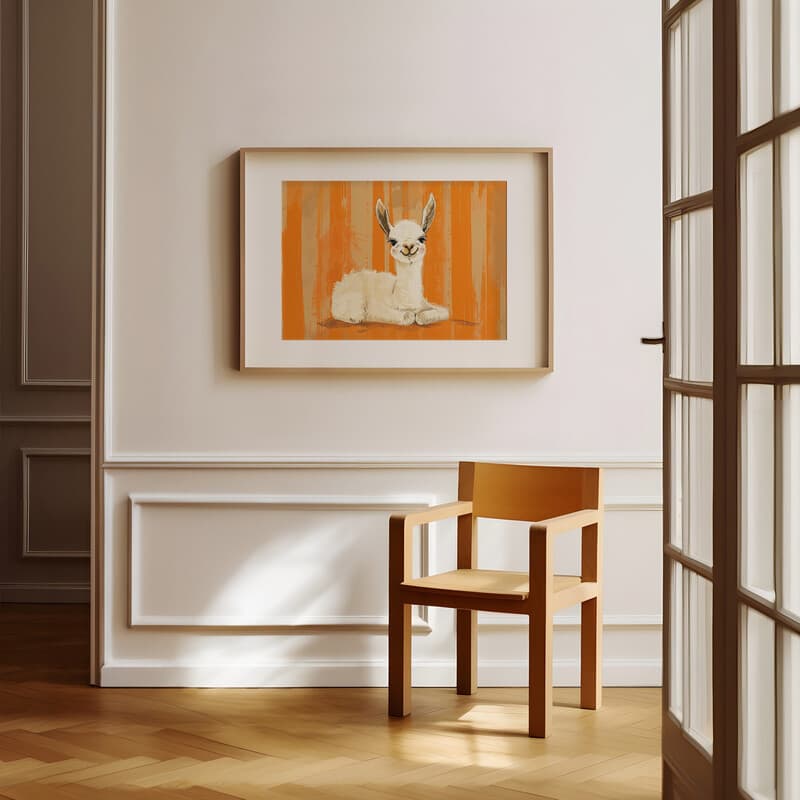 Room view with a matted frame of A cute simple cartoon drawing, a llama