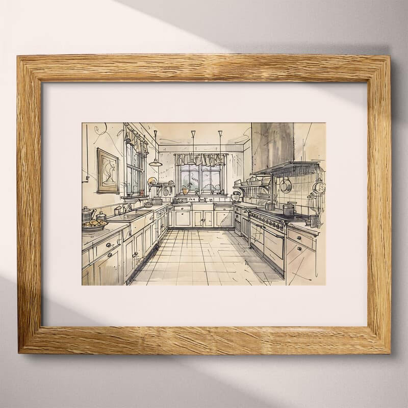 Matted frame view of A vintage pencil sketch, a kitchen