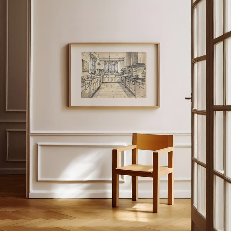 Room view with a matted frame of A vintage pencil sketch, a kitchen