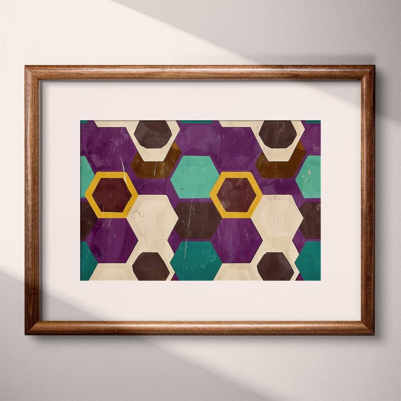 Matted frame view of A minimalist textile print, symmetric hexagon pattern