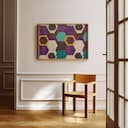 Room view with a full frame of A minimalist textile print, symmetric hexagon pattern