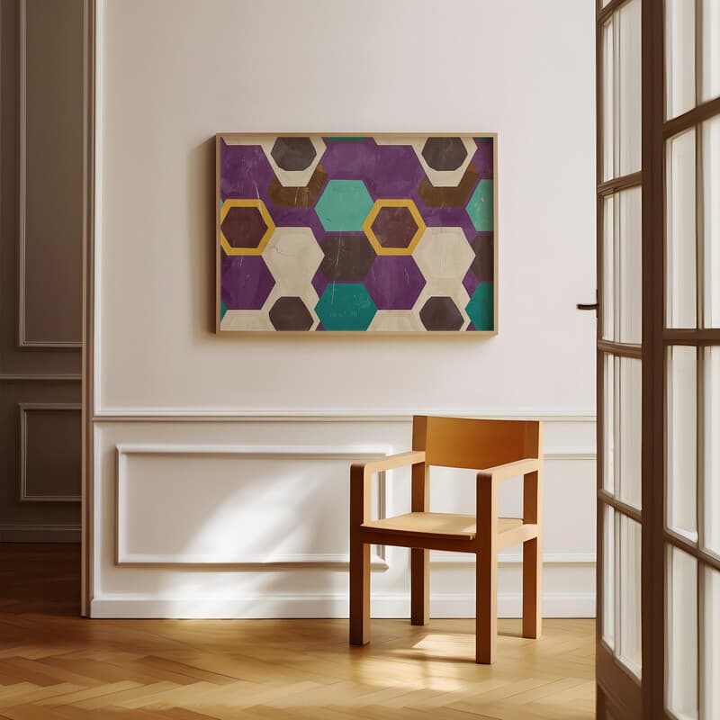 Room view with a full frame of A minimalist textile print, symmetric hexagon pattern