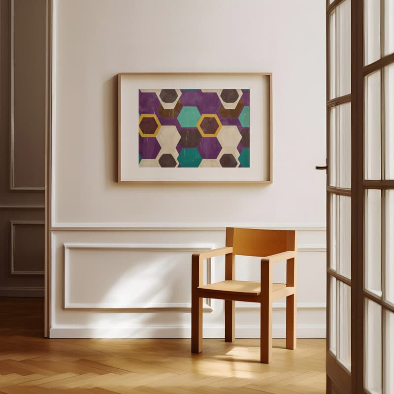 Room view with a matted frame of A minimalist textile print, symmetric hexagon pattern